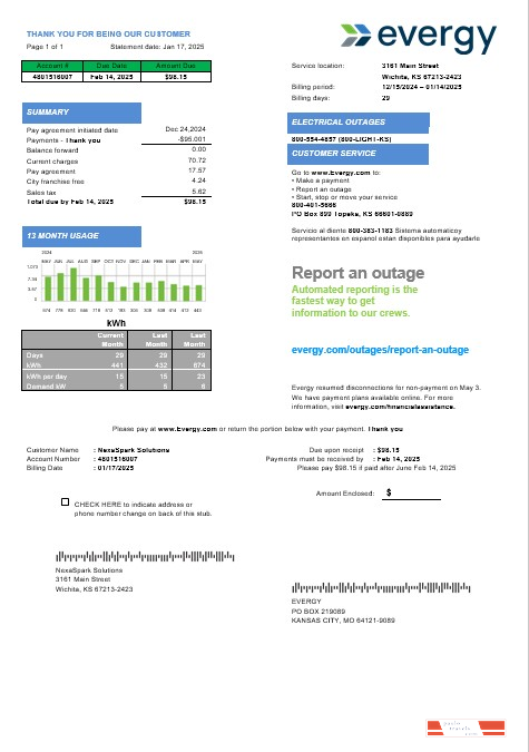 USA Missouri Evergy electricity business utility bill template in .doc and .pdf formats PSD template